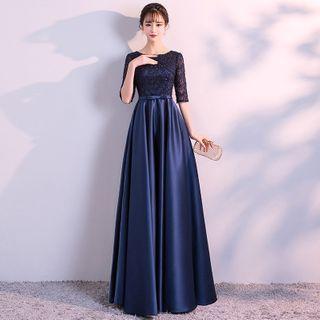 Elbow-sleeve Glitter Embroidered A-line Gown