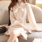 Set: Tie-neck Blouse + Spaghetti Strap Tweed Dress