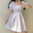 Square Neck Puff Short Sleeve Dress White - One Size