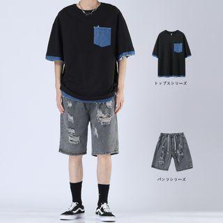 Pocket T-shirt / Distressed Denim Straight Leg Shorts / Set