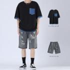 Pocket T-shirt / Distressed Denim Straight Leg Shorts / Set