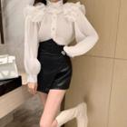 Long-sleeve Ruffled Mock-neck Blouse / Faux Leather Mini Pencil Skort