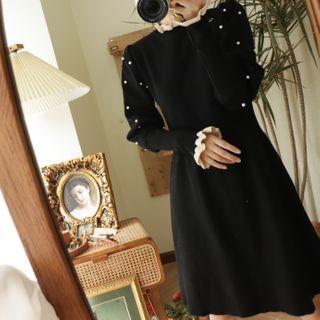 Bell-sleeve Contrast Trim Knit A-line Dress