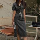 Set: Waist Chain + Short-sleeve Henley Denim Midi Shirt Dress