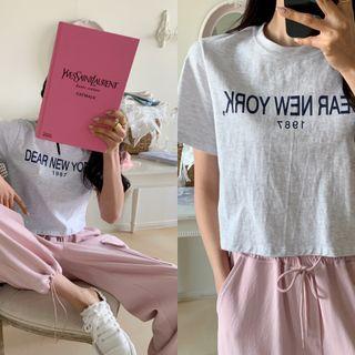 Short-sleeve Letter Cropped T-shirt Melange White - One Size