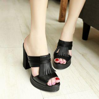 Fringed Block Heel Slide Sandals