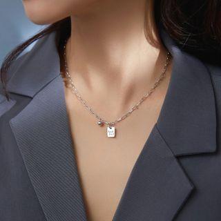Lettering Square Pendant Sterling Silver Necklace 1pc - Silver - One Size