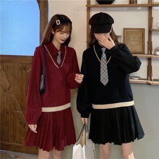 Set: Long-sleeve Mini Collared Dress + Contrast Trim Sweater Vest + Plaid Tie
