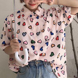 Elbow-sleeve Heart Patterned Shirt As Shown In Figure - One Size