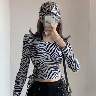 Zebra Print Drawstring Cropped T-shirt