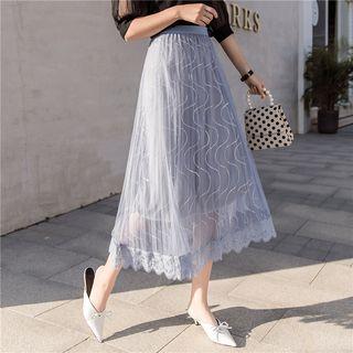 Accordion Pleat Mesh Midi Skirt