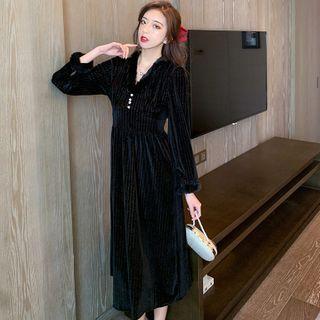 Long-sleeve V-neck Faux Furry Panel Velvet A-line Dress