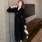 Long-sleeve V-neck Faux Furry Panel Velvet A-line Dress