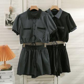 Set: Tie-hem Puff-sleeve Crop Shirt + Shorts