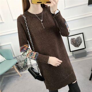 Patterned Panel Long-sleeve Knit Dress