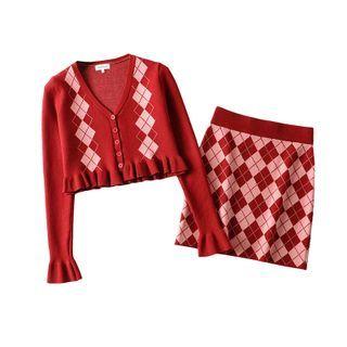 Set: Argyle Cropped Cardigan + Mini Pencil Skirt