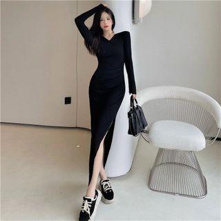 V-neck Plain Side-slit Dress Dress - Black - One Size