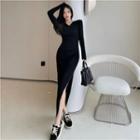 V-neck Plain Side-slit Dress Dress - Black - One Size