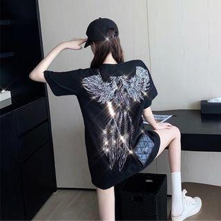 Rhinestone Loose T-shirt Black - One Size