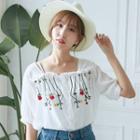 Elbow-sleeve Shirred Embroidery Top
