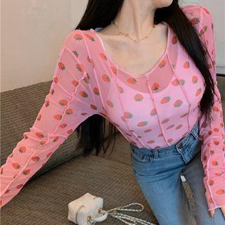 Long-sleeve Strawberry Print See-through Sheer Top As Figure - One Size