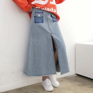 Slit-front Denim A-line Maxi Skirt