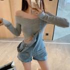Off-shoulder Shirred Cropped Top Gray - One Size
