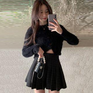 Asymmetrical Fluffy Cropped Cardigan / Plaid Pleated Mini Skirt