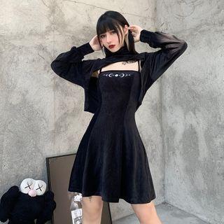 Spaghetti Strap Moon Embroidery Mini Dress / Turtleneck Shrug