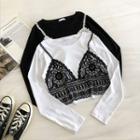 Mock Two-piece Lace Panel Crewneck Long-sleeve Top