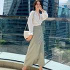 Midi A-line Skirt / Long-sleeve V-neck Blouse