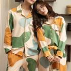 Couple Matching Loungewear Set : Long-sleeve Color Block Lettering Shirt + Pants