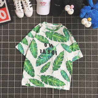 Elbow-sleeve Leaf Printed Letter T-shirt