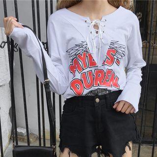 Lettering Lace Up Long Sleeve T-shirt