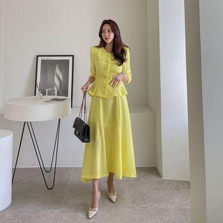 Set: 3/4-sleeve Peplum Jacket With Belt + Flared Maxi Skirt