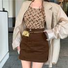 Moon Print Tank Top / High Waist Denim Mini Skirt / Double Breast Oversize Satin Blazer