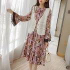 Set: Pointelle Knit Vest + Bell-sleeve Floral Print A-line Chiffon Dress