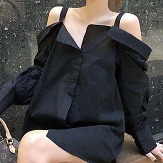 Plain Off-shoulder Long-sleeve Blouse Black - One Size