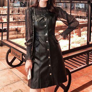 Set: Sheer Top + Faux Leather A-line Dress
