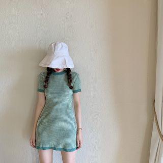 Short-sleeve Mini Plaid Knit Dress Green - One Size