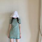 Short-sleeve Mini Plaid Knit Dress Green - One Size