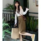 Long-sleeve Cold-shoulder Top / Slit Midi Pencil Skirt