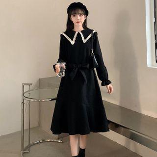 Puff-sleeve Lace Trim Collared A-line Dress