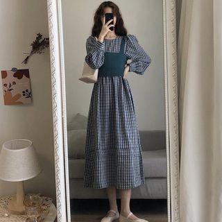 Set: Long-sleeve Plaid Midi A-line Dress + Camisole Top