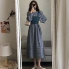 Set: Long-sleeve Plaid Midi A-line Dress + Camisole Top