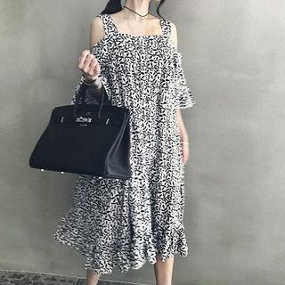 Off-shoulder Foliage Midi A-line Dress