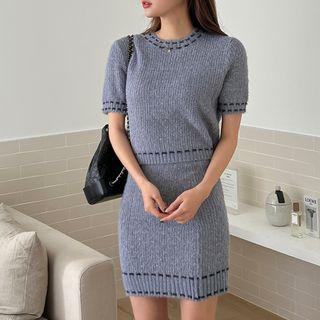Mock-stitch Rib-knit Top & Miniskirt Set