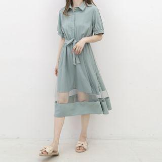 Short-sleeve Henley Mesh Panel Midi Shirtdress