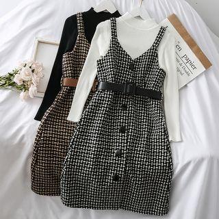 Set: Mock-neck Knit Top + Plaid Sleeveless Dress
