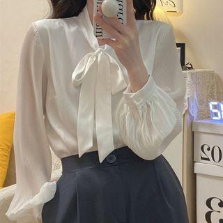Long-sleeve Bow-neck Blouse White - One Size
